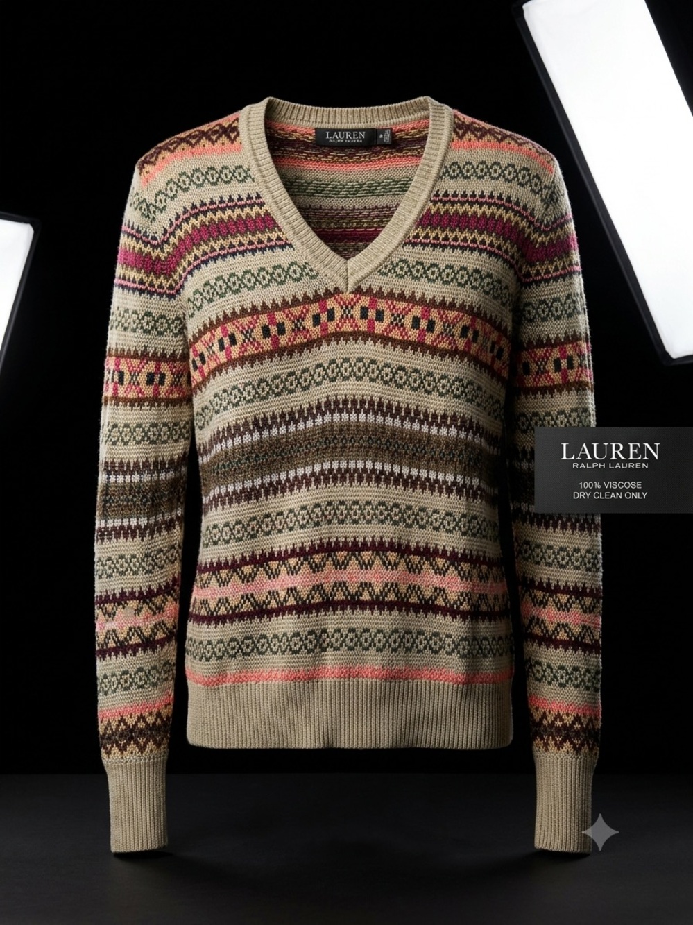 Lauren Ralph Lauren Fair Isle V-Neck Sweater - 100% Viscose - Size SP